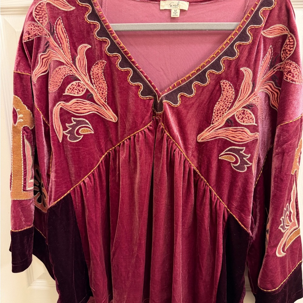 Burgundy Velvet Blouse with Embroidery